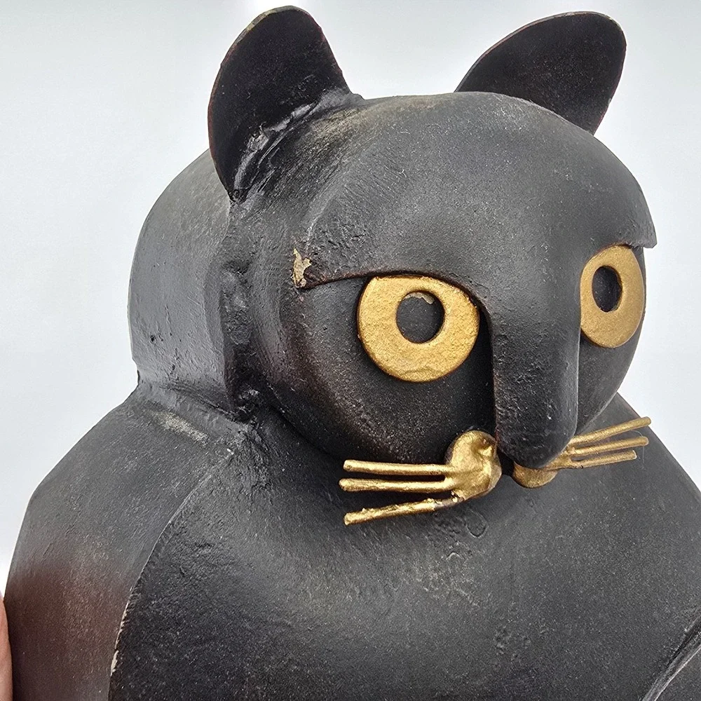 VTG Metal Iron Folk Art Cat Candlestick Holder Black Gold Cottagecore Halloween